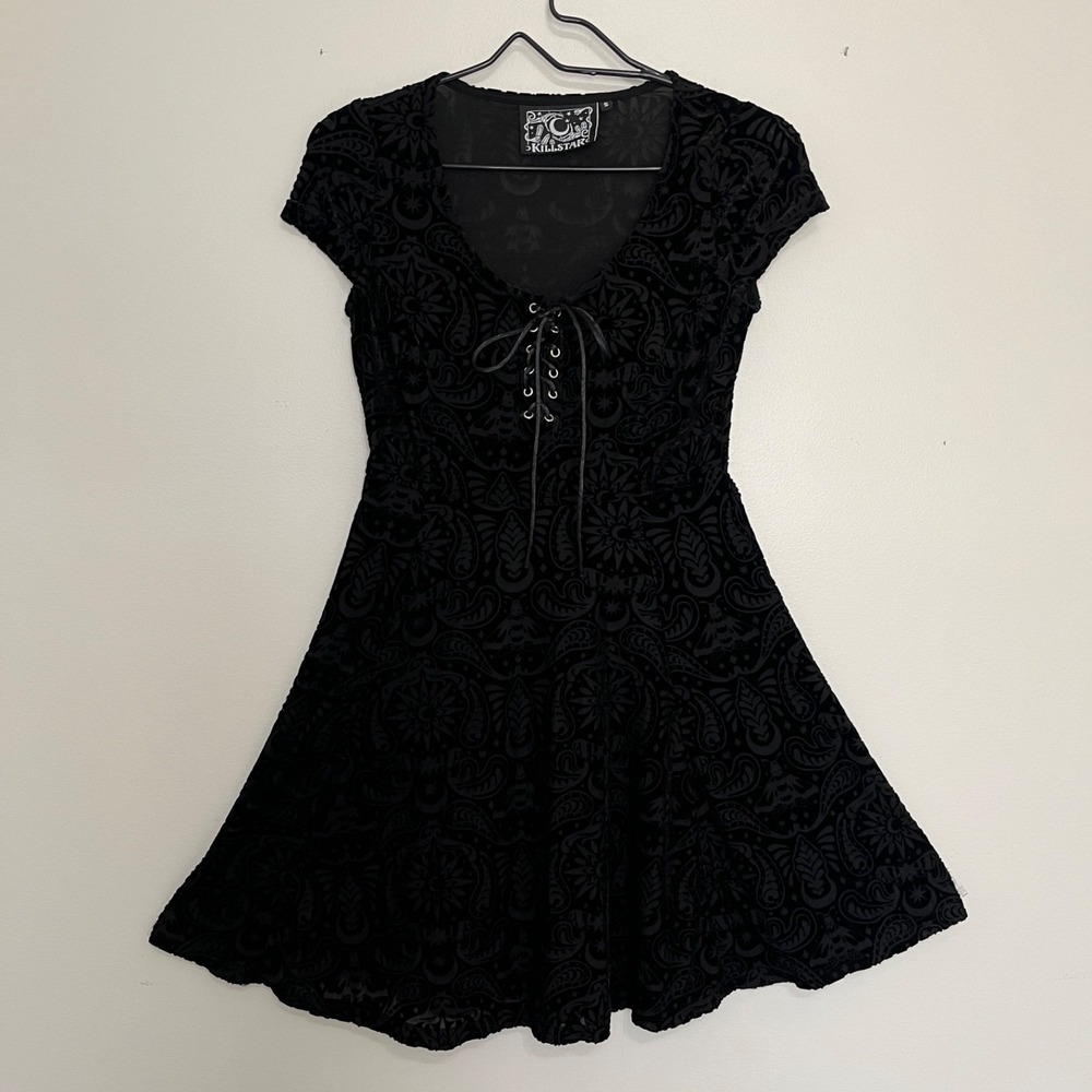 Black Burnout Velvet Mini Dress Size S Celestial Moon Stars Witchy Halloween